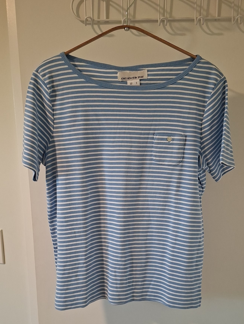 Vintage Jones NY Sport 100% Cotton Blue & White Striped Boat-neck Top (Size M)